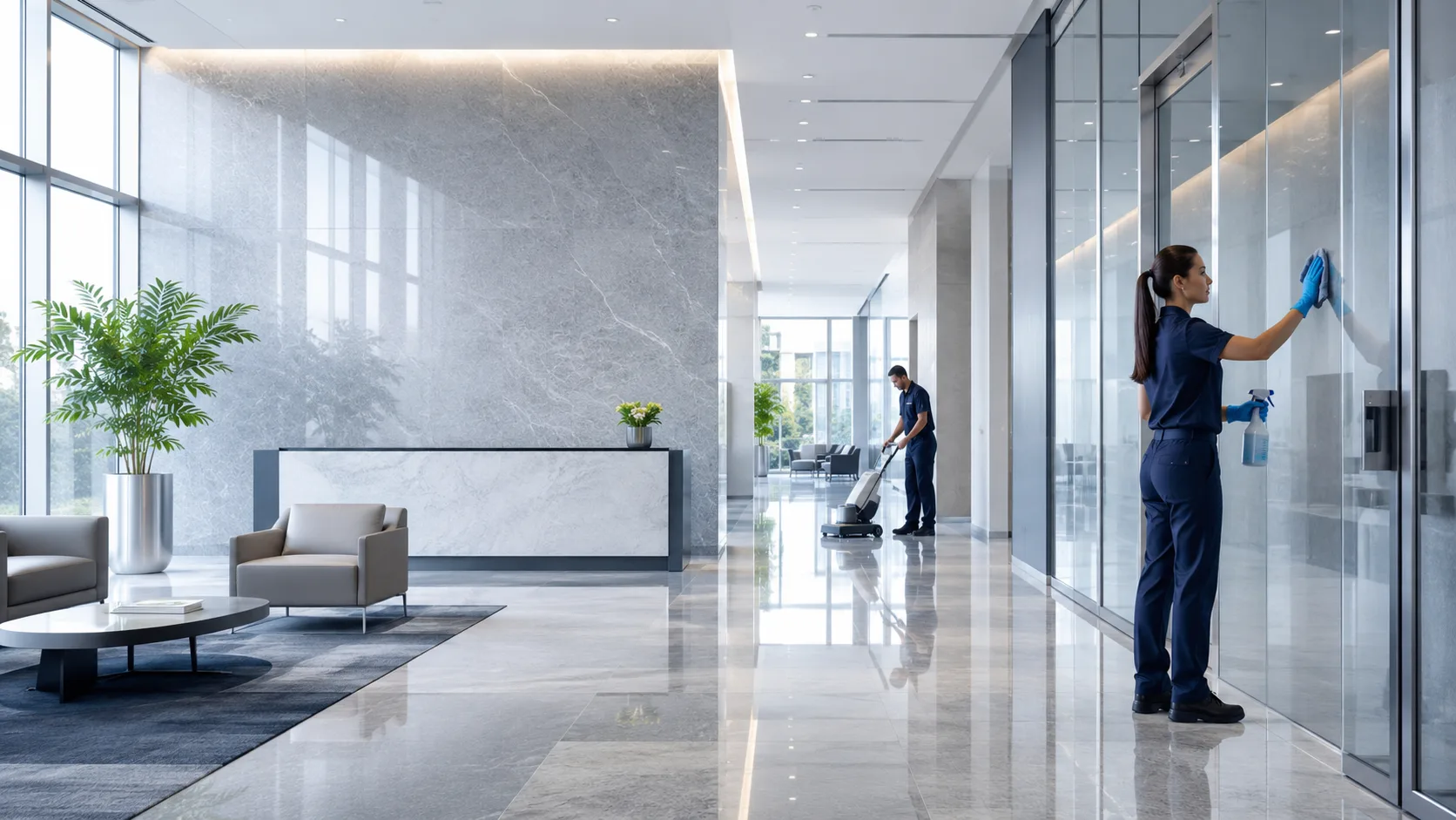Unique Janitorial Services cleaning a commercial lobby